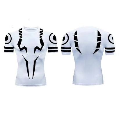 Elegant white short-sleeve compression shirt showcasing a unique Sukuna pattern, perfect for those who seek style and comfort in their gym attire.
