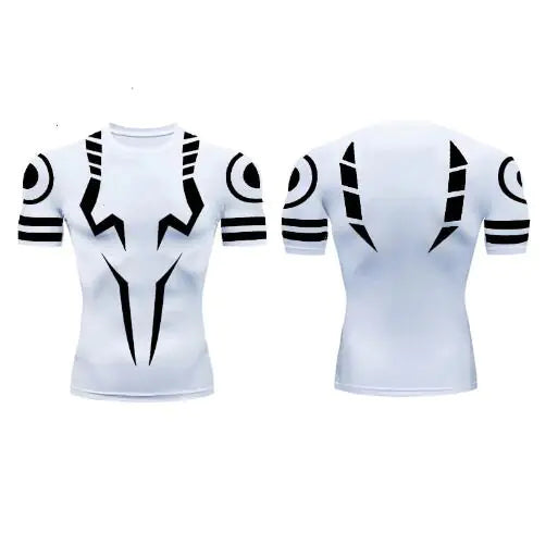 Elegant white short-sleeve compression shirt showcasing a unique Sukuna pattern, perfect for those who seek style and comfort in their gym attire.