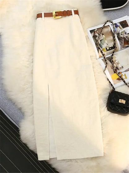 Fashionable styling of Women's Corduroy Skirt paired with chic blouse, exemplifying elegance by Dazzling Dreams Studio.