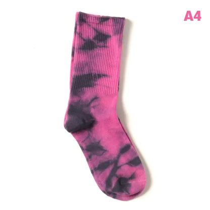 Luxurious Women's Tie-Dye Middle Tube Socks featuring a striking pink and black design, perfect for adding a splash of colour to your wardrobe.