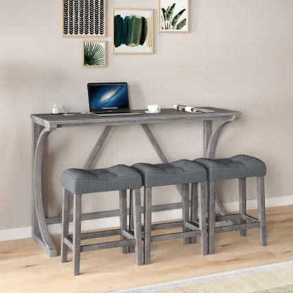 Contemporary Apex Artisan Bar and workstation displaying a minimalist solid wood table with an integrated power strip and plush light grey stools, perfect for versatile home office or dining use.