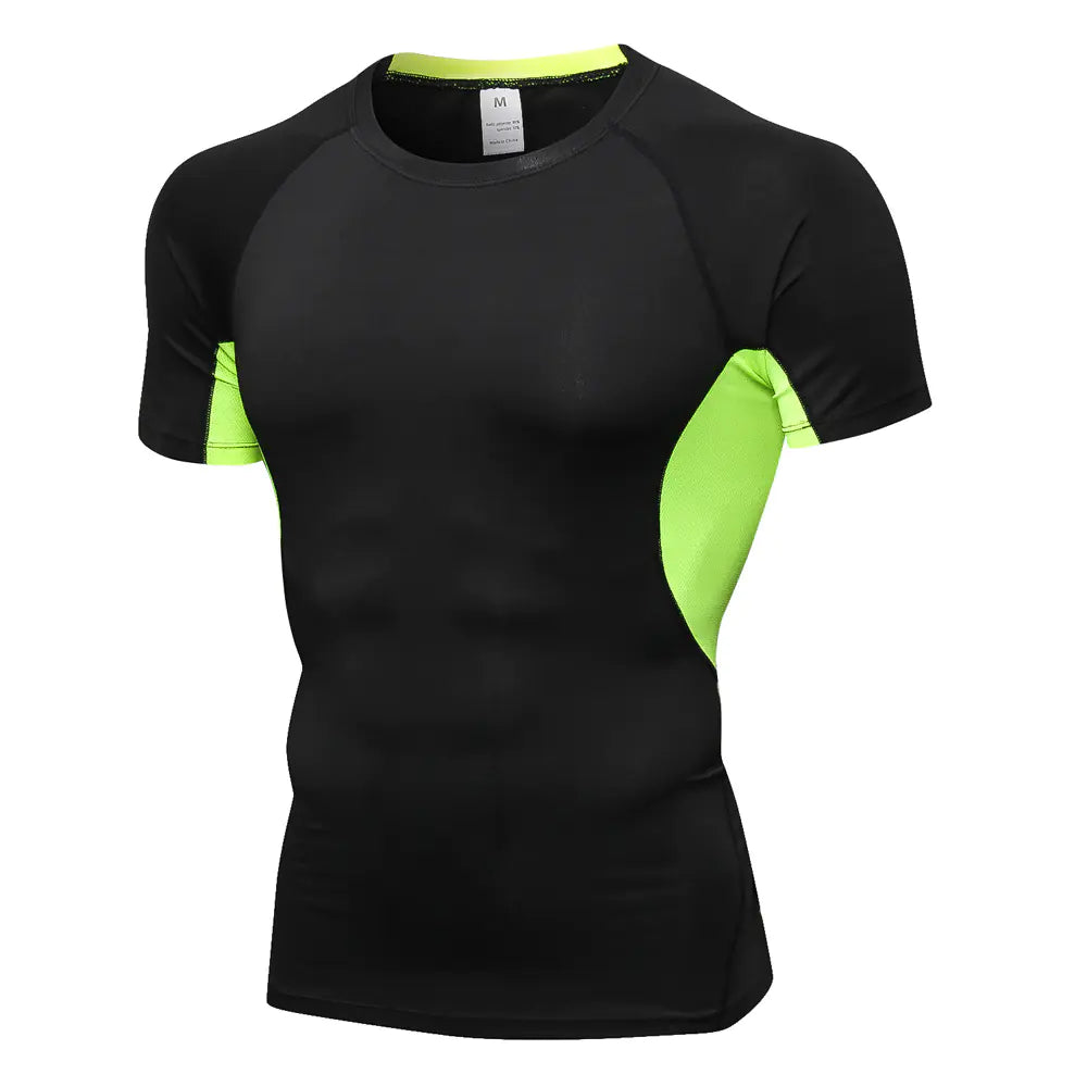 Chic men's black compression fitness shirt highlighted with vibrant green mesh panels, ideal for a dynamic workout experience.
