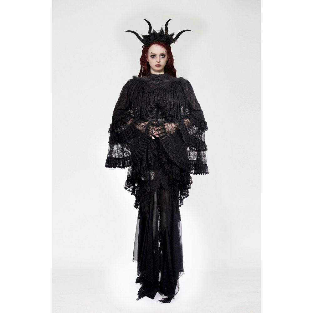 Model wearing the Dark in Love Zuri Vintage Lace Cape, featuring dramatic oversized bell sleeves and a high-neck collar, styled over a corset for a chic gothic look.