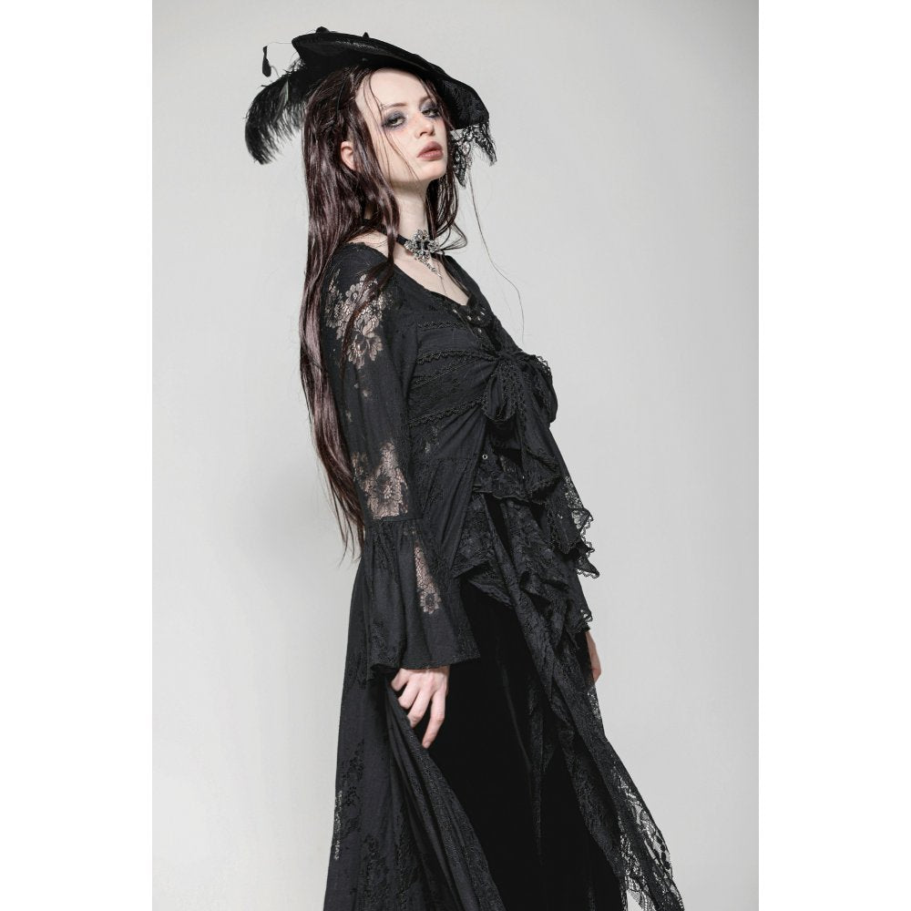 Emersyn Elegant Gothic Long Robe featuring exquisite lace trim and flowing bell sleeves, embodying Victorian sophistication.
