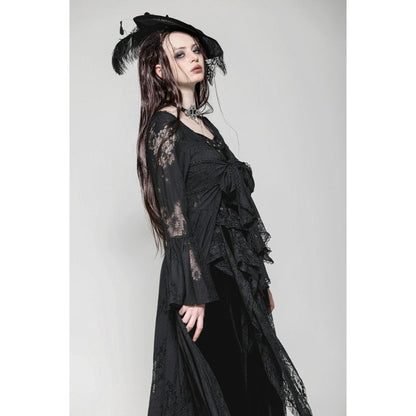 Emersyn Elegant Gothic Long Robe featuring exquisite lace trim and flowing bell sleeves, embodying Victorian sophistication.