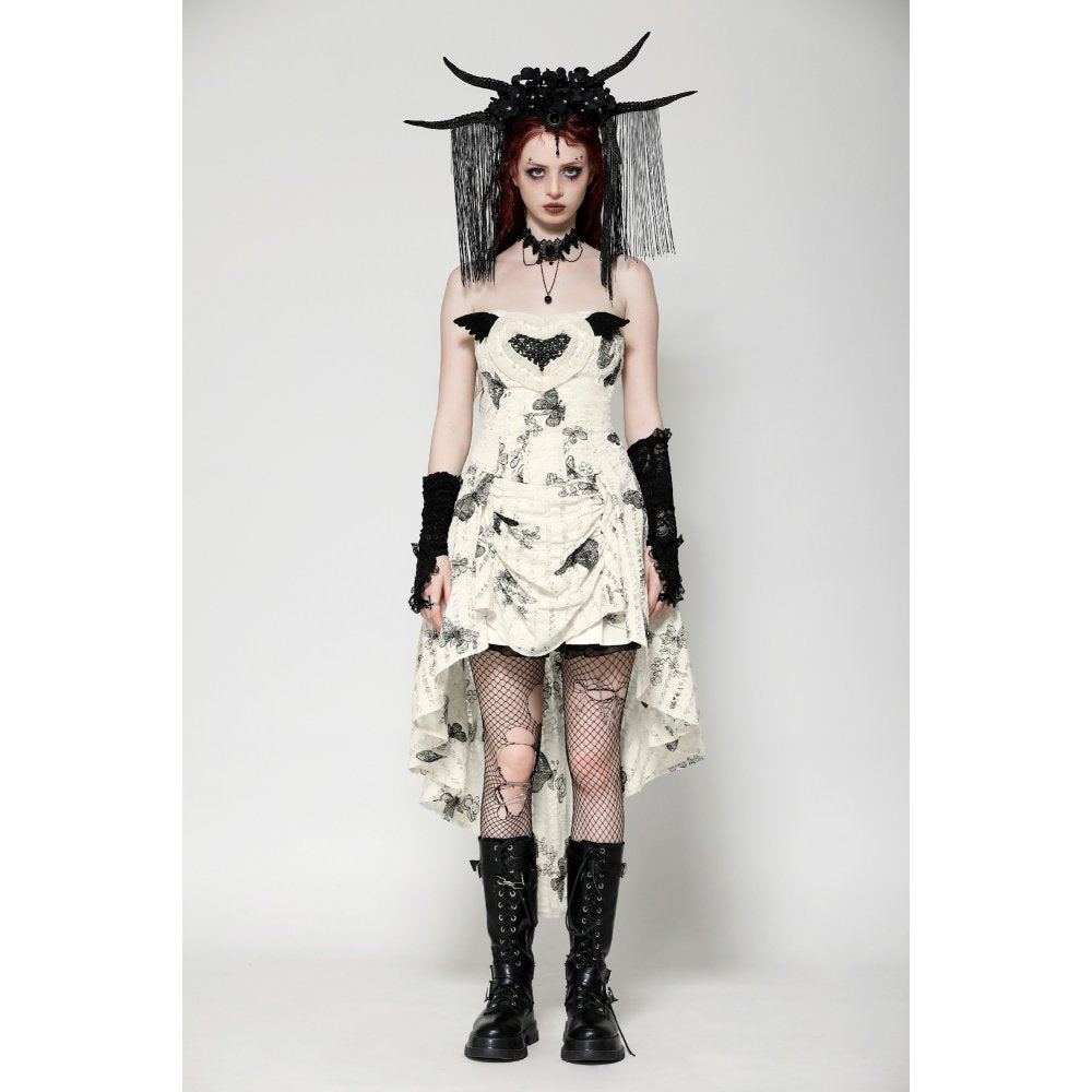 Elegant gothic high-low dress in off-white featuring delicate black butterfly patterns, perfect for a timeless vintage appeal.