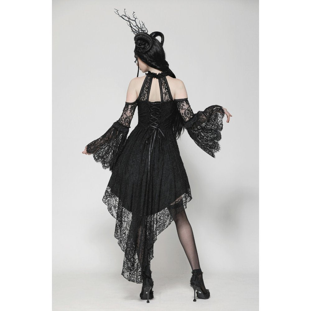 Model wearing the Dark in Love Gem Gothic Vine Lace Tail Dress in a striking pose, highlighting the elegant silhouette and flowing hem.