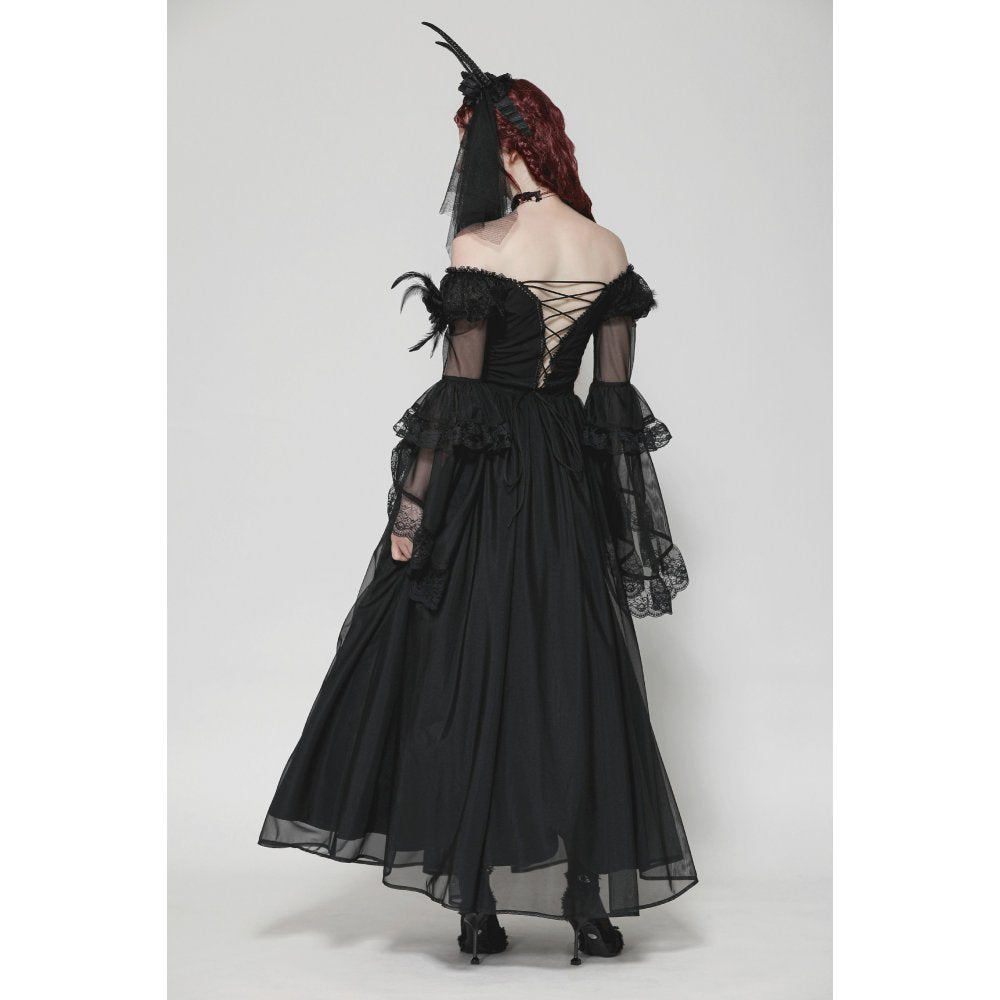 Close-up view of the Dark in Love Millicent Black Tulle Dress showcasing delicate lace trim and off-shoulder neckline for a romantic gothic style.