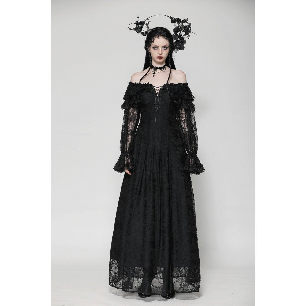 Elegant Dark in Love Cosette Gothic Maxi Dress showcasing off-shoulder ruffles and intricate lace sleeves, perfect for a gothic princess aesthetic.