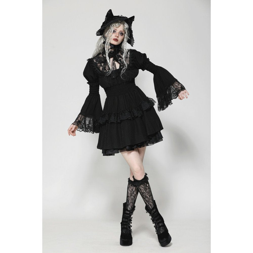 Elegant Dark in Love Arya Gothic Lace Doll Dress showcasing intricate black lace craftsmanship with ruffled skirt and whimsical cat ear bonnet, perfect for Victorian-inspired styling.