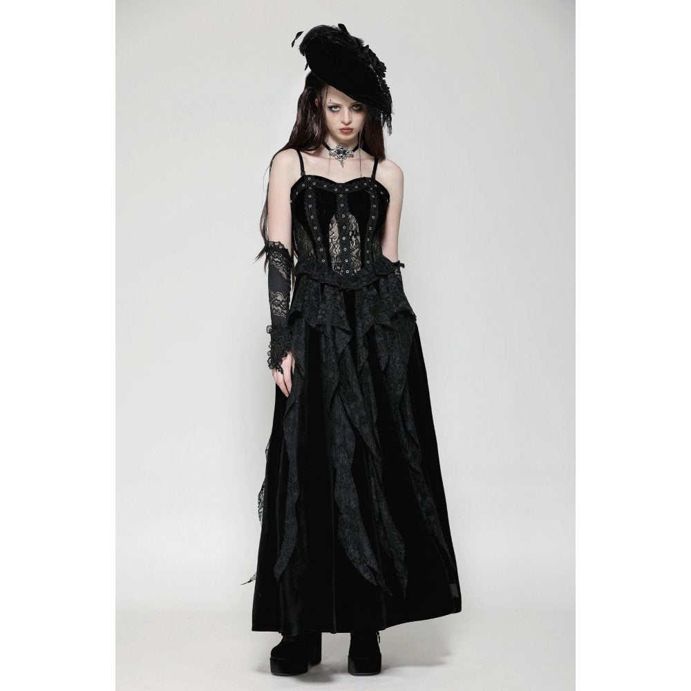 Flowing skirt of the Dark in Love Fia Gothic Maxi Dress in a dramatic pose, embodying elegance and gothic sophistication.