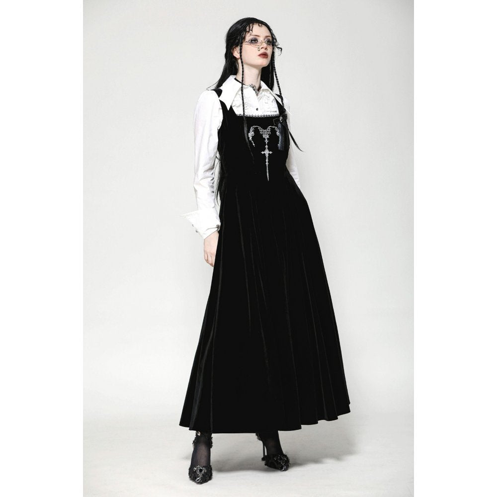 Luxurious black velvet maxi dress featuring gothic horn embroidery and elegant square neck design from Dark In Love.