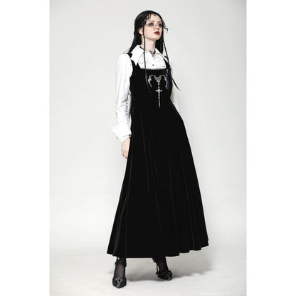 Luxurious black velvet maxi dress featuring gothic horn embroidery and elegant square neck design from Dark In Love.