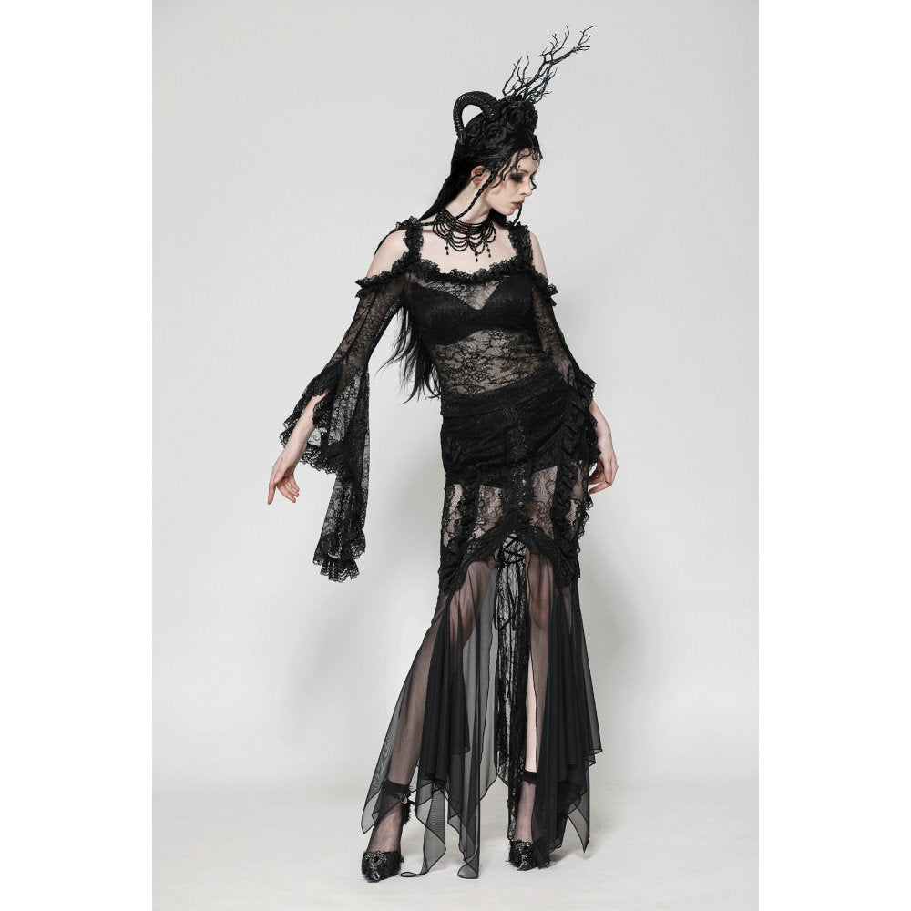 Full length shot of the Dark in Love Nevaeh Mermaid Skirt paired with elegant accessories for a chic gothic look.