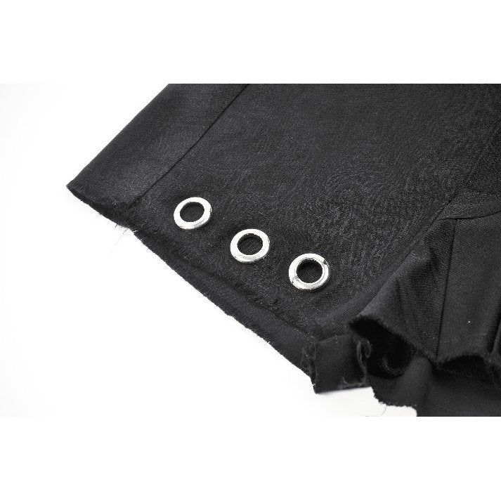 Back view of the high-waisted black garter shorts highlighting the detachable garter strap, providing a structured silhouette.