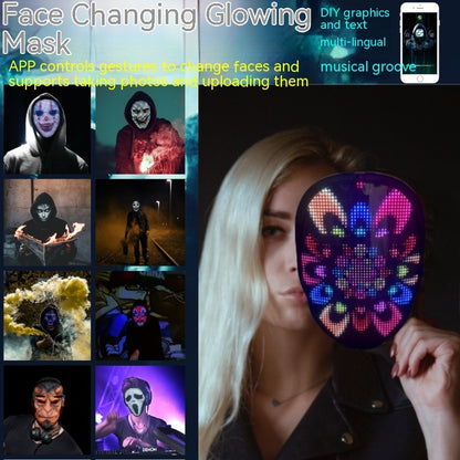 Stunning Face Changing Glowing Mask with LED display, showcasing a range of captivating facial expressions. Ideal for Halloween and lively parties, part of the Dazzling Dreams Studio collection.