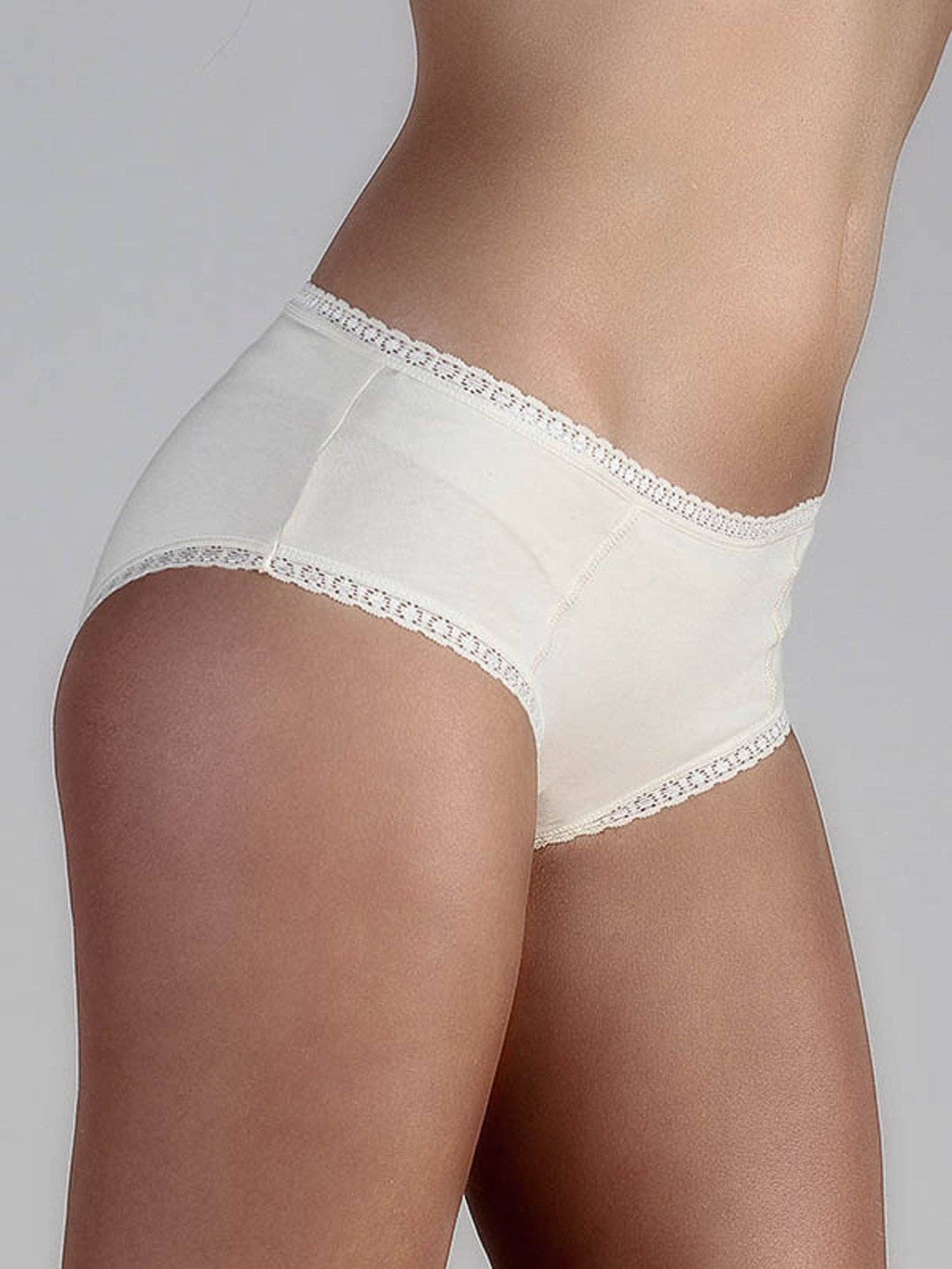 Fashionable and eco-friendly organic cotton hipster briefs showcasing lace edges, combining sophistication with everyday comfort.