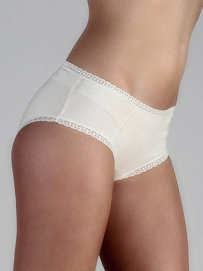 Fashionable and eco-friendly organic cotton hipster briefs showcasing lace edges, combining sophistication with everyday comfort.