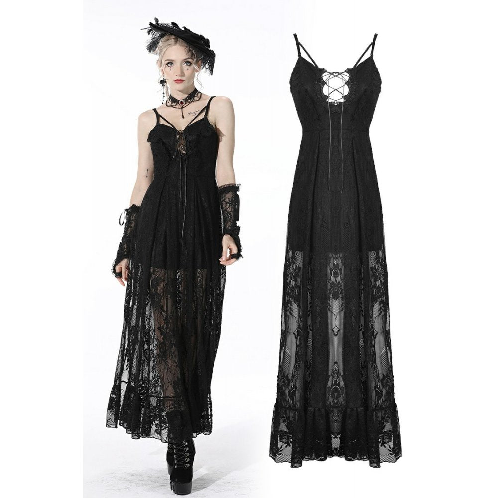 Elegant Dark In Love black lace Drusilla maxi dress featuring intricate front lacing and a stunning long lace overlay, perfect for glamorous occasions.