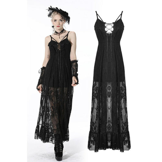 Elegant Dark In Love black lace Drusilla maxi dress featuring intricate front lacing and a stunning long lace overlay, perfect for glamorous occasions.