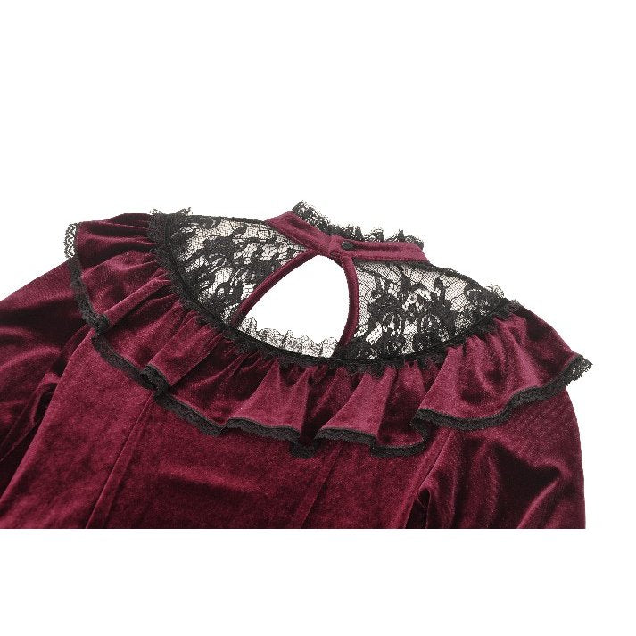 Model elegantly displaying the burgundy velvet dress featuring a ruffle neckline, ideal for special occasions or stylish outings.
