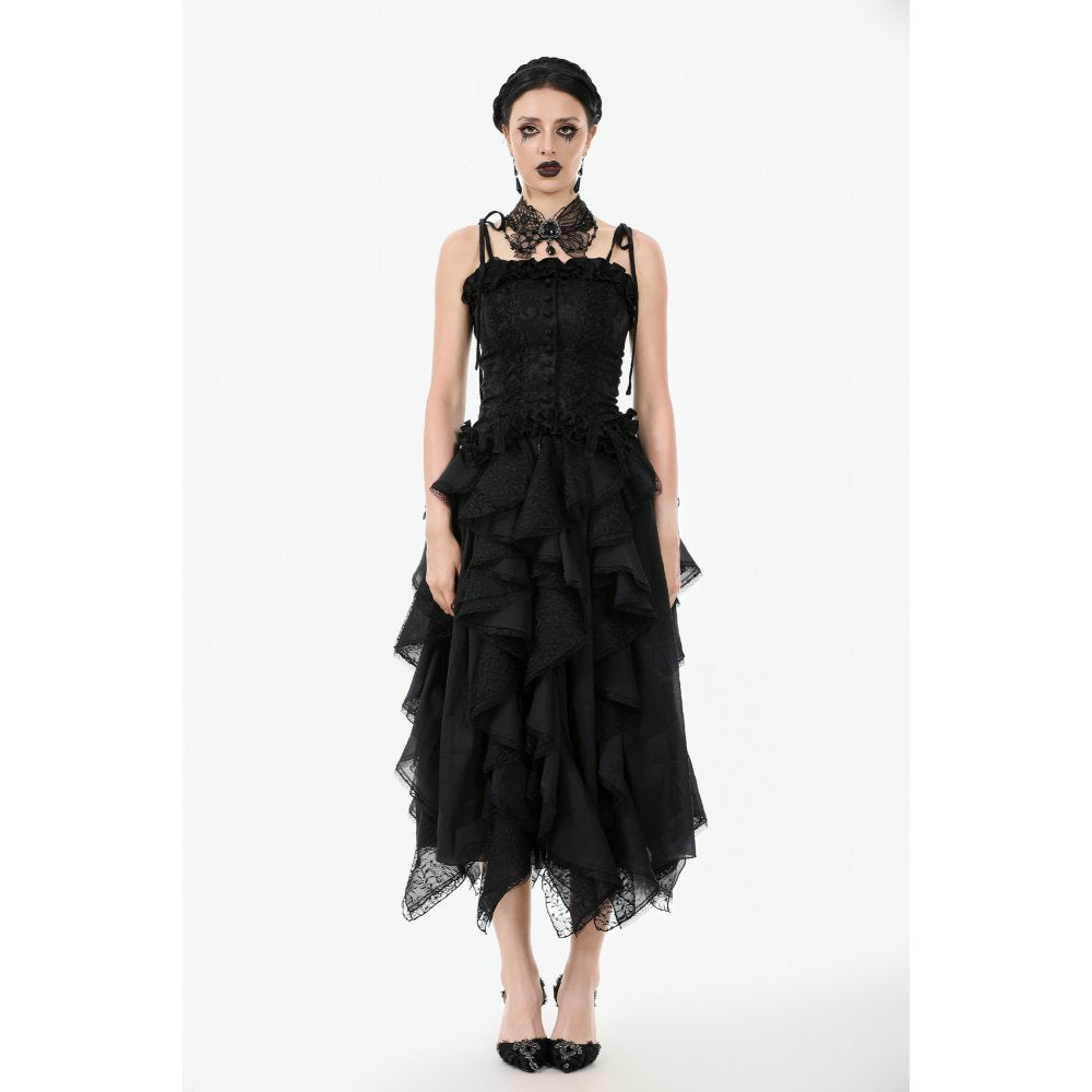 Luxurious black floral jacquard corset with dramatic ruffled neckline and hem, showcasing intricate detailing and elegance.