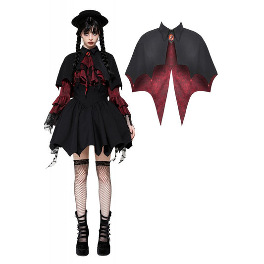 Gothic Dark In Love Camazotz Vampire Bat Shaped Capelet showcasing a striking red cameo, embellished with exquisite red teardrop gems and dramatic blood red lining, perfect for an elegant and daring look.