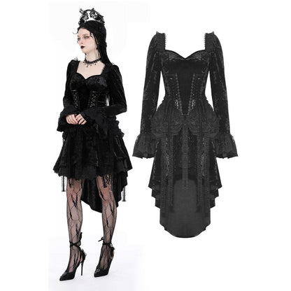 Luxurious Dark in Love Seraphina Velvet Lace Goth Dress featuring a corset bodice and high-low hem, showcasing intricate lace details and gothic embroidery, perfect for alternative fashion enthusiasts.