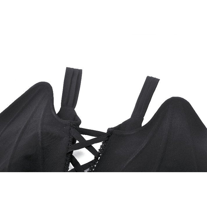 Back view of the Dark in Love Vespertilio Vest with dramatic lace-up ribbon, emphasizing its unique design and playful aesthetic for night-time wardrobes.