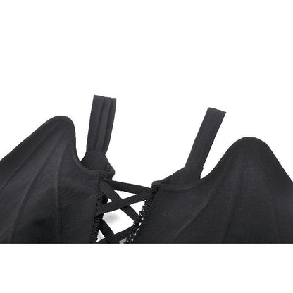 Back view of the Dark in Love Vespertilio Vest with dramatic lace-up ribbon, emphasizing its unique design and playful aesthetic for night-time wardrobes.