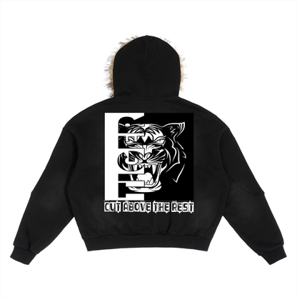 Sun Fade Boxy Detachable Fur Hoodie in luxurious unisex oversized design, featuring long sleeves and a casual aesthetic, perfect for winter outings and stylish layering.