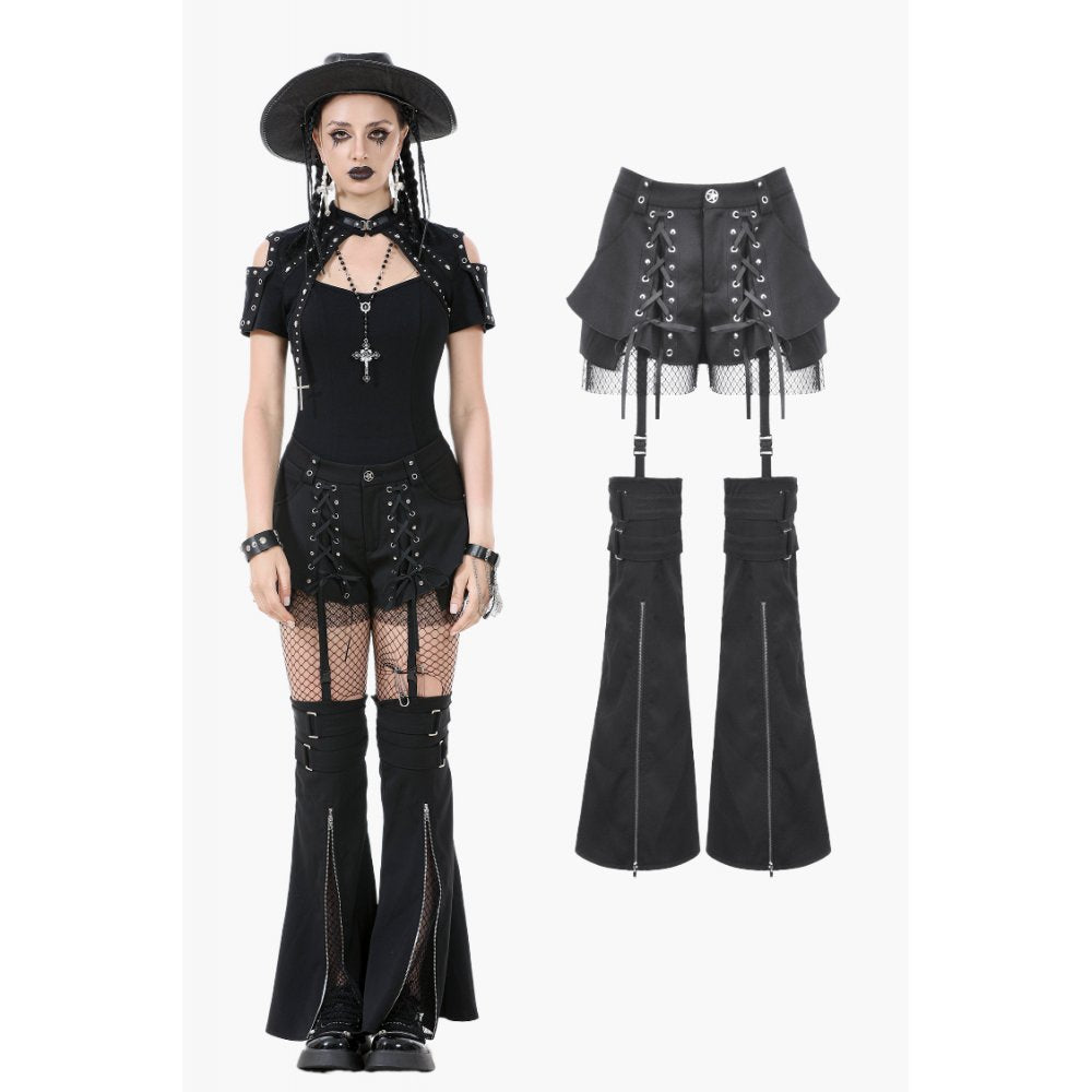 Luxury Black High-Waisted Lace-Up Goth Trousers & Shorts by Dark In Love showcasing intricate faux fishnet details and adjustable lace-up front in a glamorous setting.