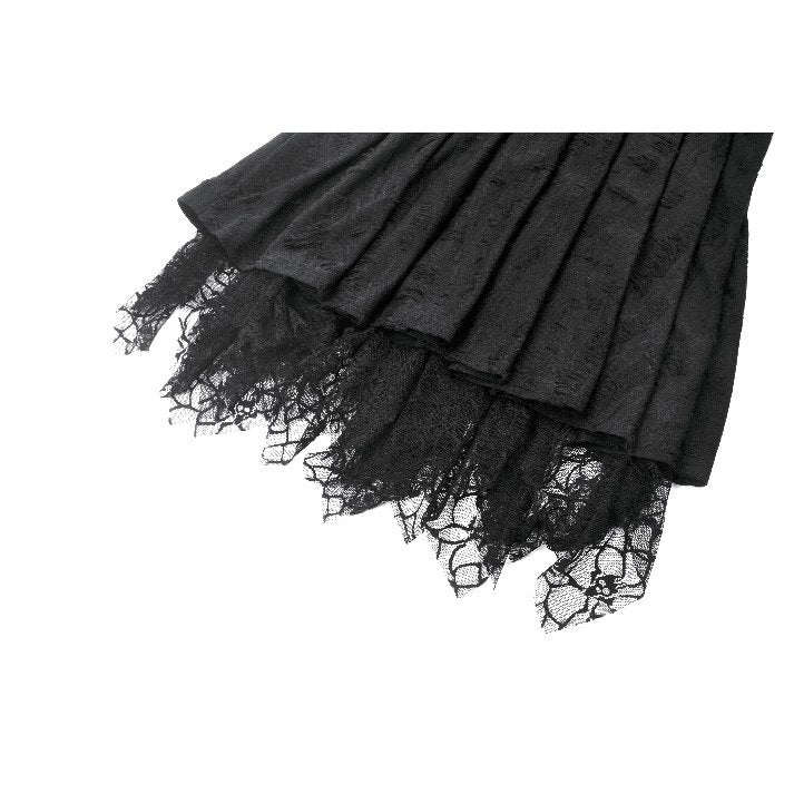Elegant goth dress in black featuring lace-up corset bodice and spiderweb lace hem for a dark romantic look.