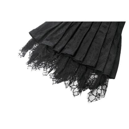 Elegant goth dress in black featuring lace-up corset bodice and spiderweb lace hem for a dark romantic look.