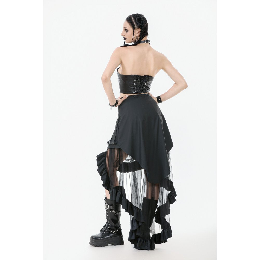 Back view of the Dark In Love Belladonna Gothic Skirt featuring a practical zip closure, capturing the seamless blend of fashion and function in a high-fashion piece.