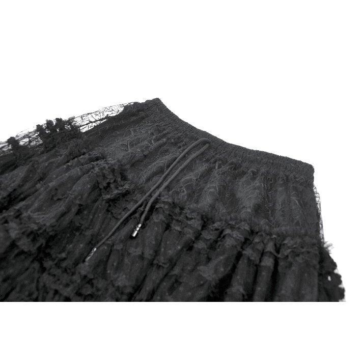 Elegant Morticia Gothic Velvet & Lace Tiered Skirt in Black showcasing romantic cascading ruffles and a luxurious high waist design.