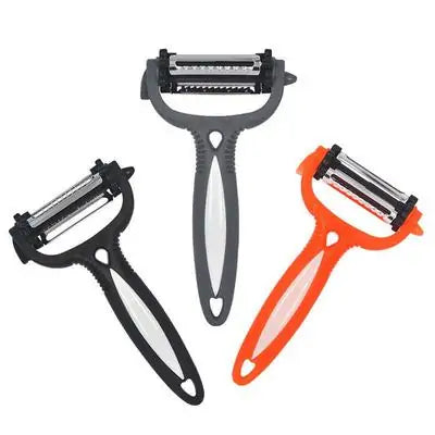 Elegant multi-functional 360-degree rotary peelers in black, grey, and orange, showcasing their modern design and interchangeable blades for effortless peeling.