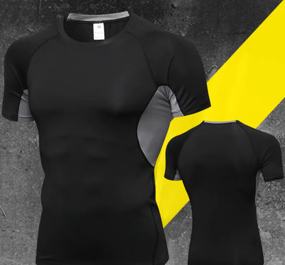 Luxury men's black compression fitness shirt featuring stylish grey mesh panels, ideal for performance and comfort during workouts.
