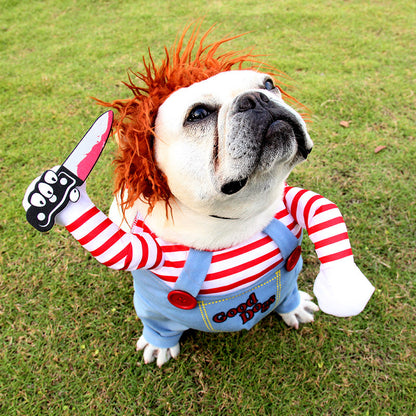 Halloween Pet Costume Pet Dog Funny Clothes displaying a fashionable French Bulldog in a fun costume, emphasising comfort and festive spirit.