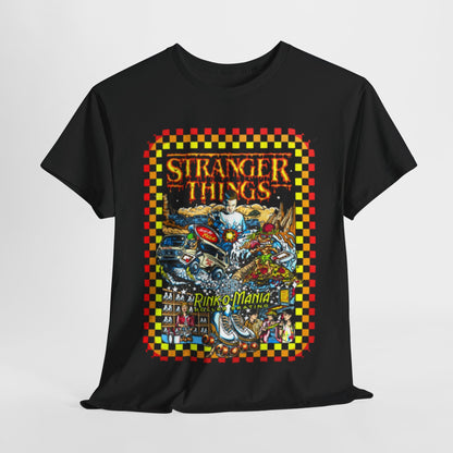 Luxurious black graphic t-shirt featuring vibrant artwork of Stranger Things, showcasing the Rink O Mania theme with retro elements and nostalgic charm.