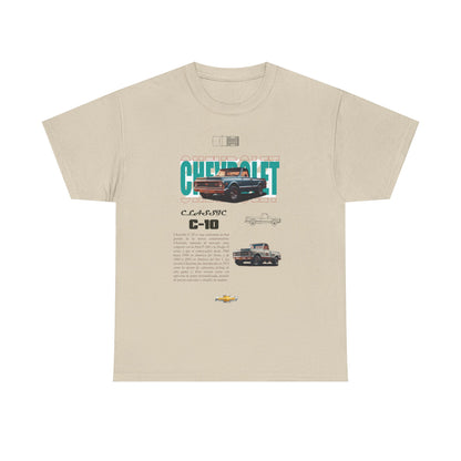 Chic beige t-shirt adorned with a vintage-inspired Chevrolet C-10 print, embodying luxury and classic automotive style, perfect for a sophisticated wardrobe.