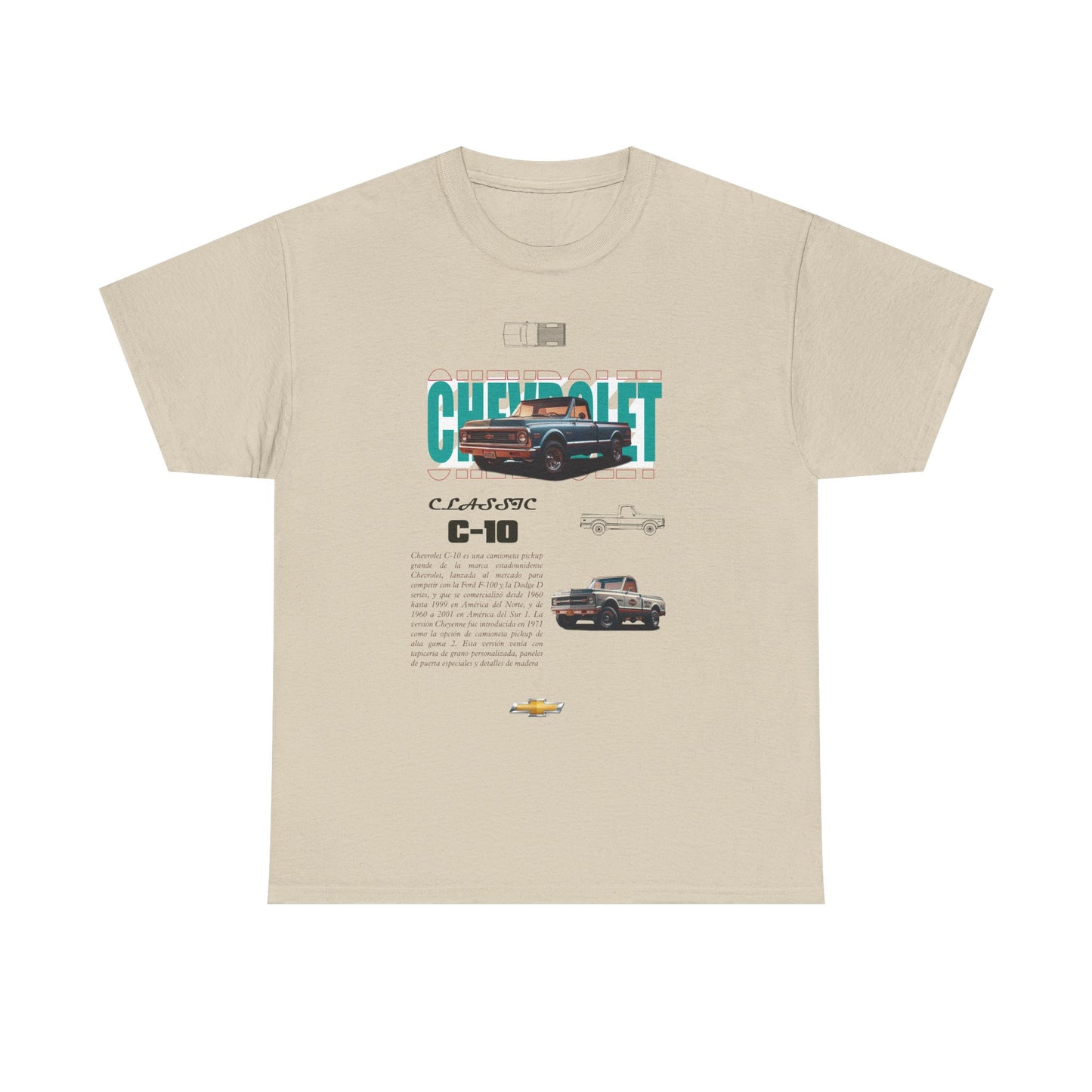 Classic Chevrolet C-10 men's t-shirt in beige showcasing a striking vintage graphic of the legendary pickup truck, a tribute to classic car culture.