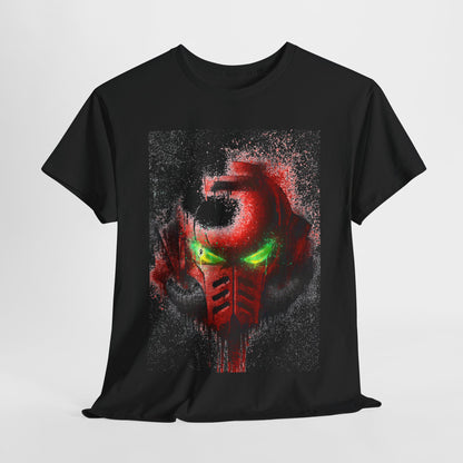 Elegant unisex graphic t-shirt featuring a striking close-up of a red helmet design with glowing green eyes, set against a textured black backdrop. The perfect blend of modern art and urban style for fashion enthusiasts.