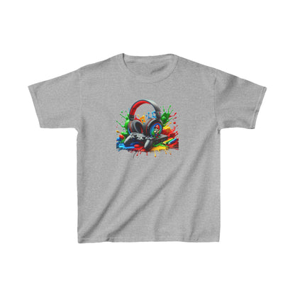 Unisex Children's Gaming Graphic Cotton Tee in Grey featuring stylish gaming headphones and colourful paint splashes - Ultimate Comfort & Style.