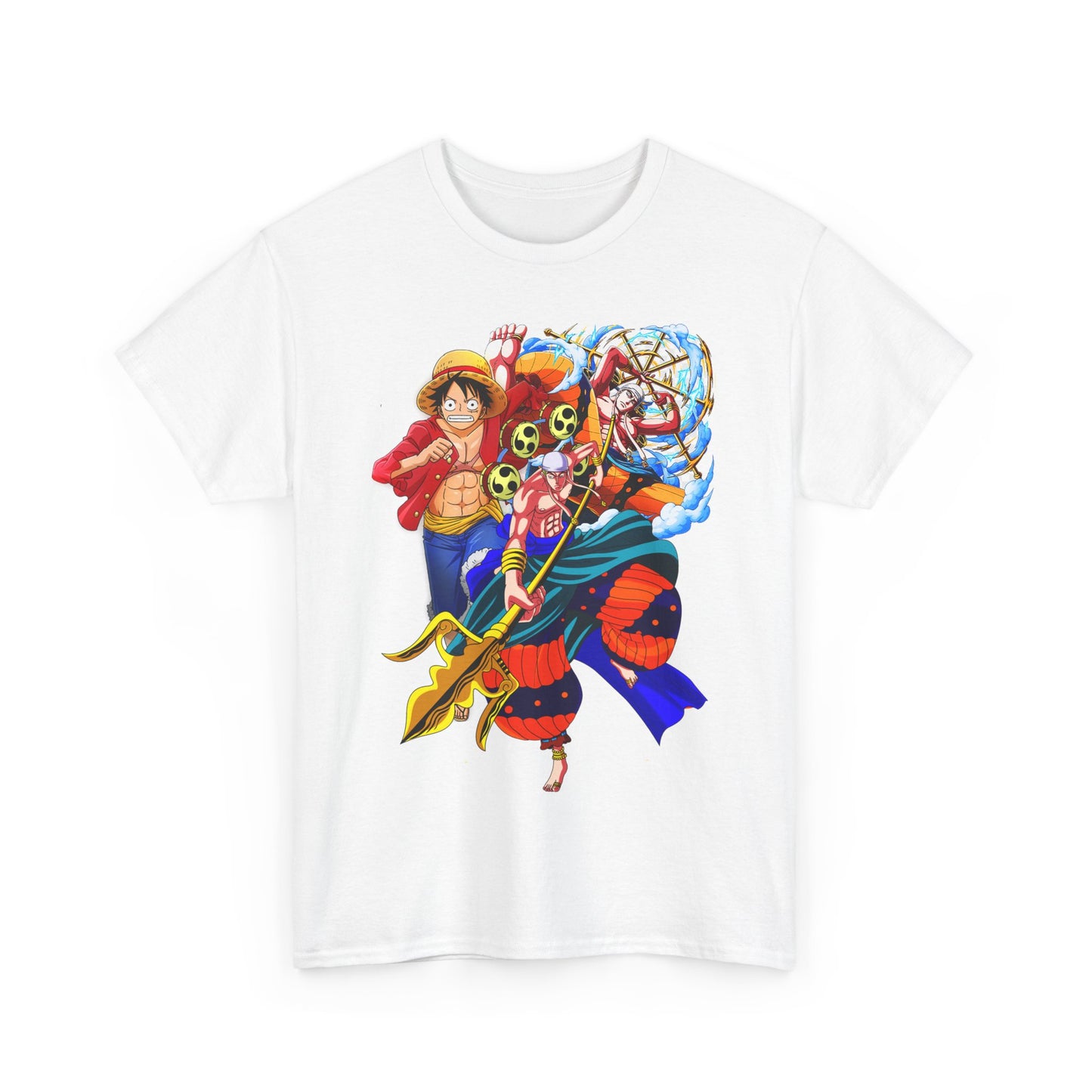 Stylish men's white t-shirt adorned with vibrant anime art, featuring iconic characters, ideal for discerning fans who appreciate dynamic storytelling.