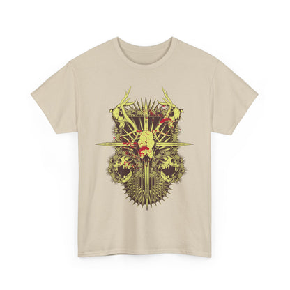 Men's light beige t-shirt adorned with an elaborate artistic skull and antlers graphic, showcasing elegance and exceptional design.