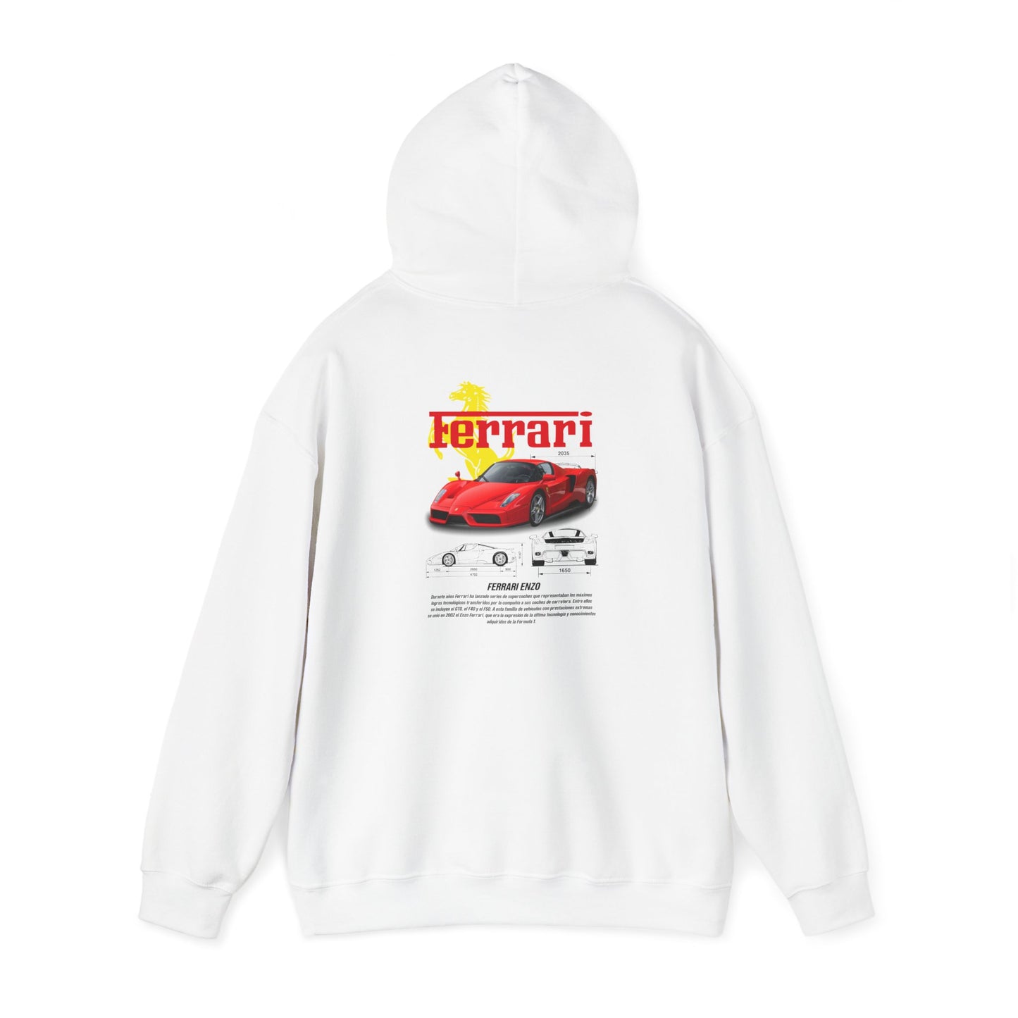 Stylish white hoodie with a striking Ferrari Enzo back print, embodying luxury and automotive passion.