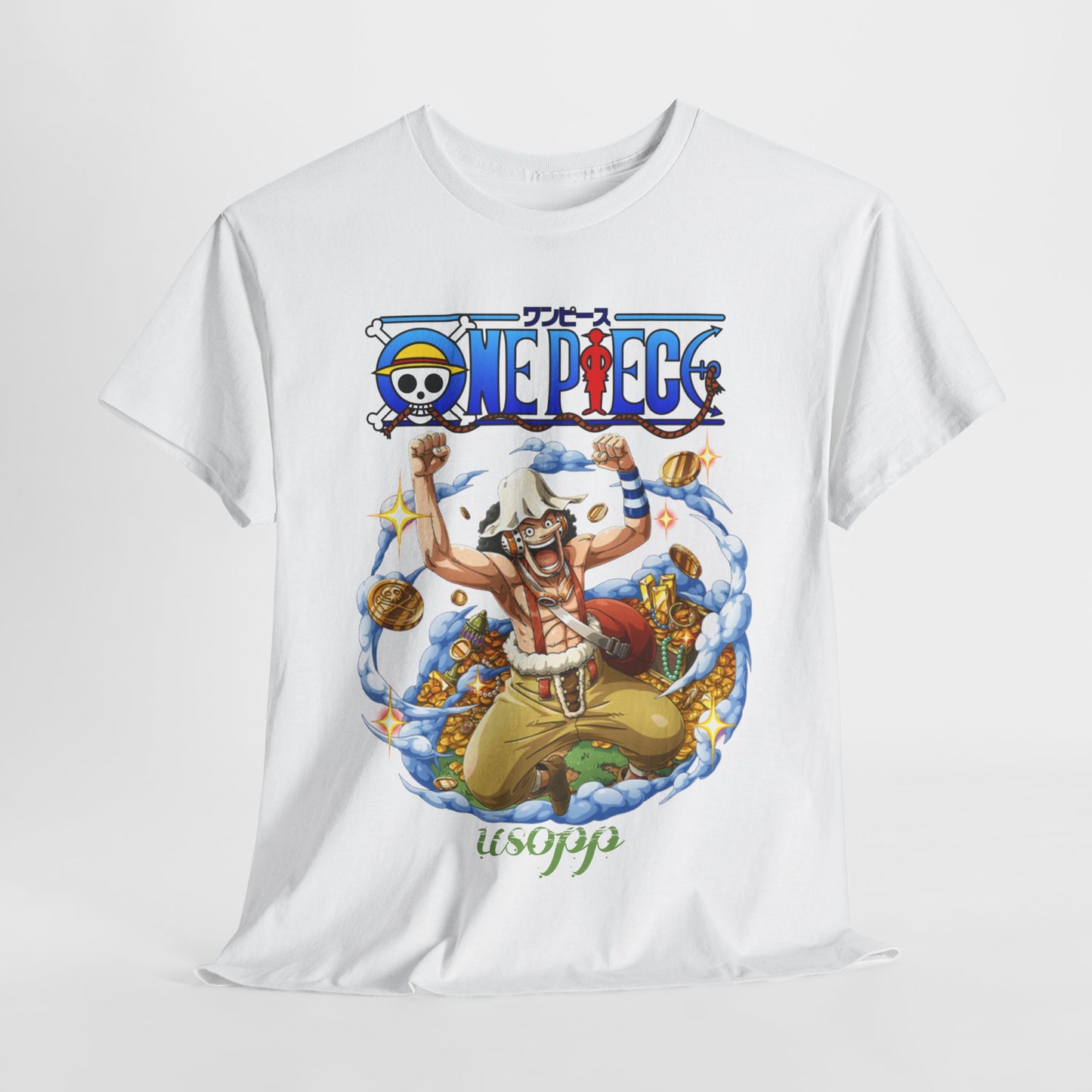Stylishly displayed Usopp men's t-shirt hanging, featuring an engaging design from One Piece, perfect for casual or anime-themed outings.
