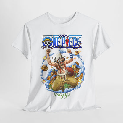 Stylishly displayed Usopp men's t-shirt hanging, featuring an engaging design from One Piece, perfect for casual or anime-themed outings.