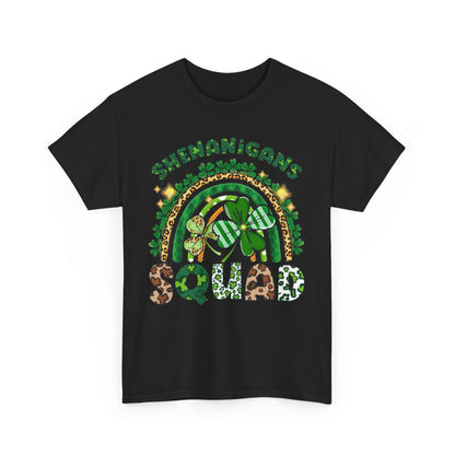 St Patricks Day Unisex Men's Women's Graphic Cotton Funny T Shirt Tee Vintage featuring the humorous 'Shenanigan's Squad' graphic adorned with a rainbow and a mix of stylish patterns.
